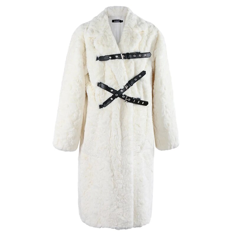 Punk Belt Fluffy Long Thick Faux Fur Coat