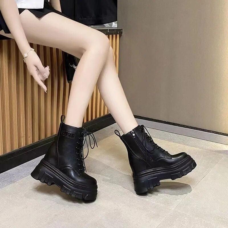 High Platform Ankle Round Toe Lace Up Punk Boots