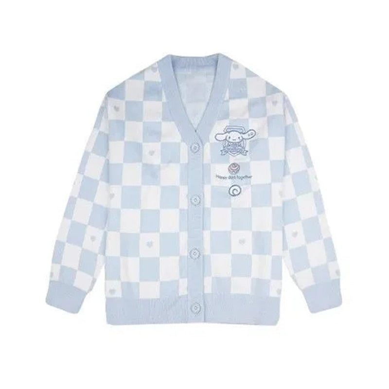 Checkered  With Kawaii Embroidery Cardigan