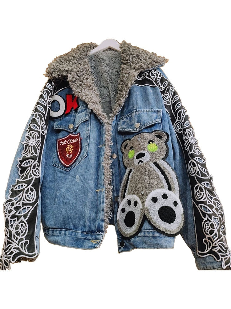 Bear and Flower Patches Denim Jacket