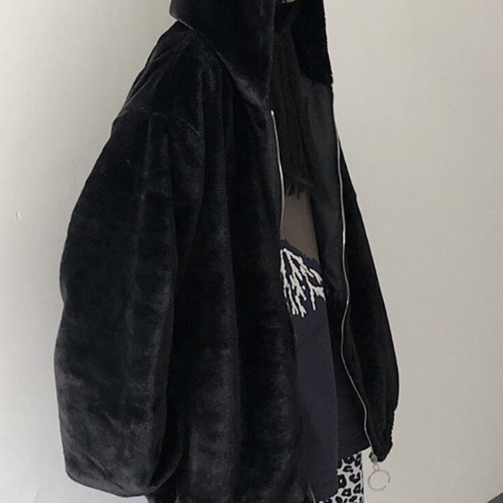 Black Velvet Hooded Oversize Jacket