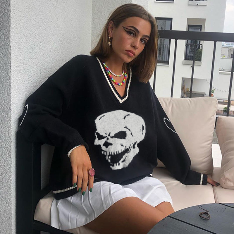 White Skull Pattern Oversize Sweater