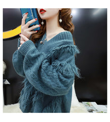 Tassel V-neck Solid Color Knitted Sweater