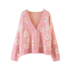 Aesthetic Flower Knit Loose V Neck Cardigan