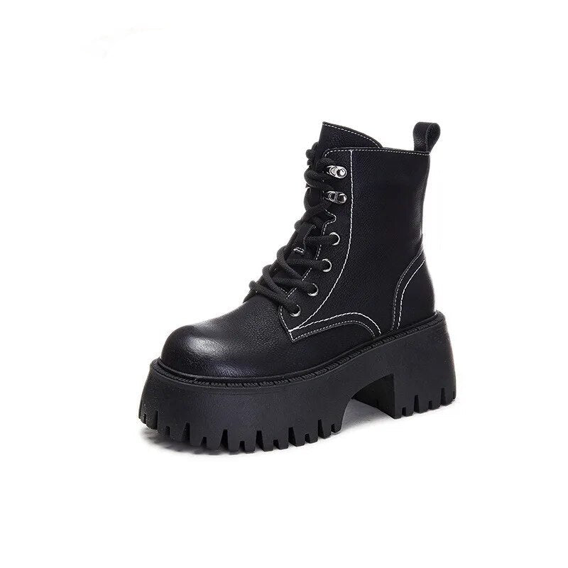 High Thick Sole Lace Up Ankle Round Toe Boots