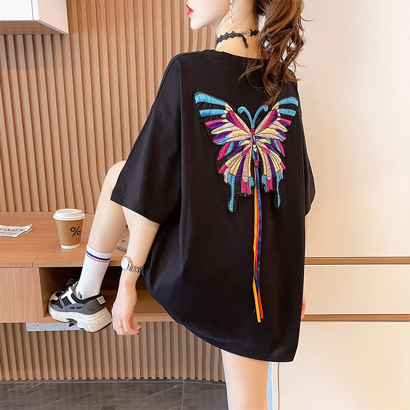 Multicolor Embroidery Butterfly Oversize T-shirt