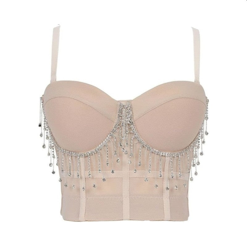 Crystal Tassel Mesh Push Up Crop Top Corset