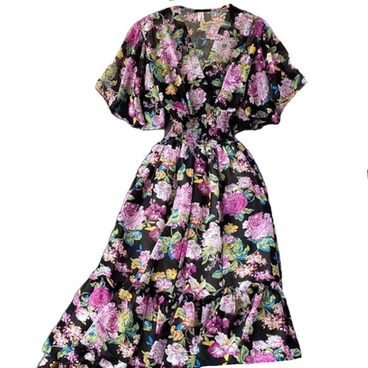 Bohemian Floral Printed V-Neck High Waist Dress