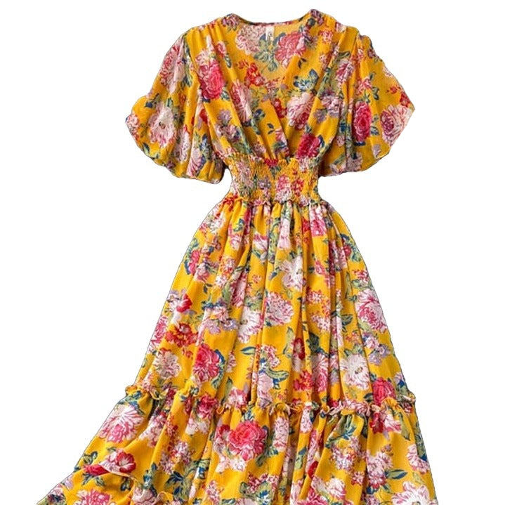 Bohemian Floral Printed V-Neck High Waist Dress