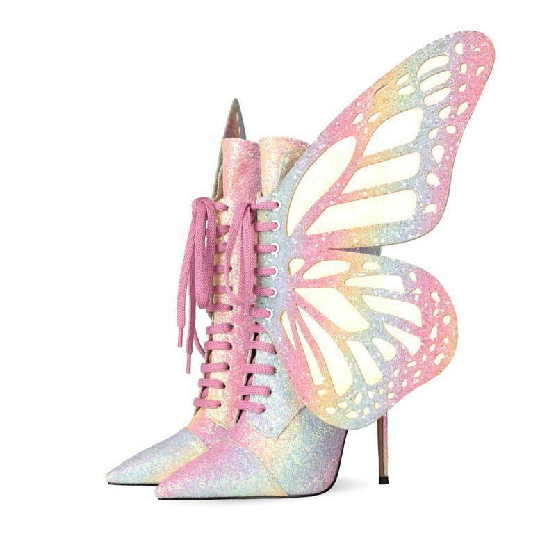 Butterfly Wings Pink Sequined PU Leather Stiletto Boots