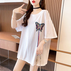 Multicolor Embroidery Butterfly Oversize T-shirt