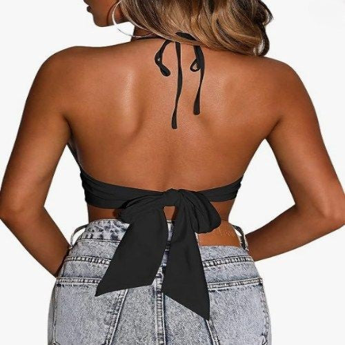 Solid Color Halter Backless Crop Top