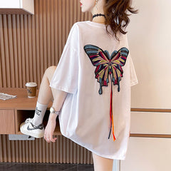 Multicolor Embroidery Butterfly Oversize T-shirt