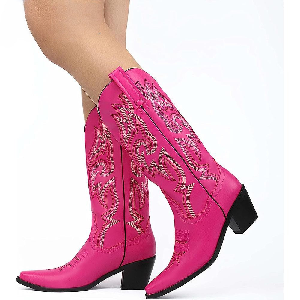 Embroidered Pointed Toe Chunky Heel Western Boots