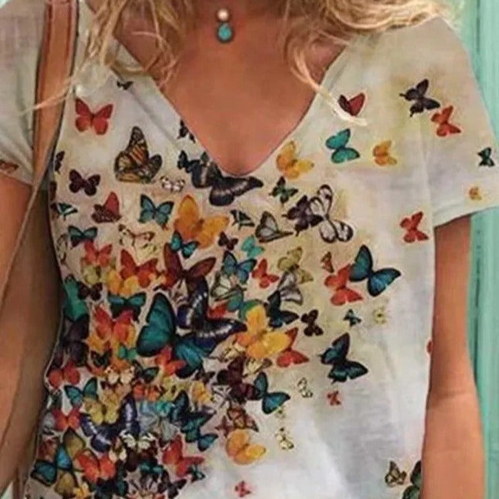 Multi-color Butterfly V-Neck T-Shirt