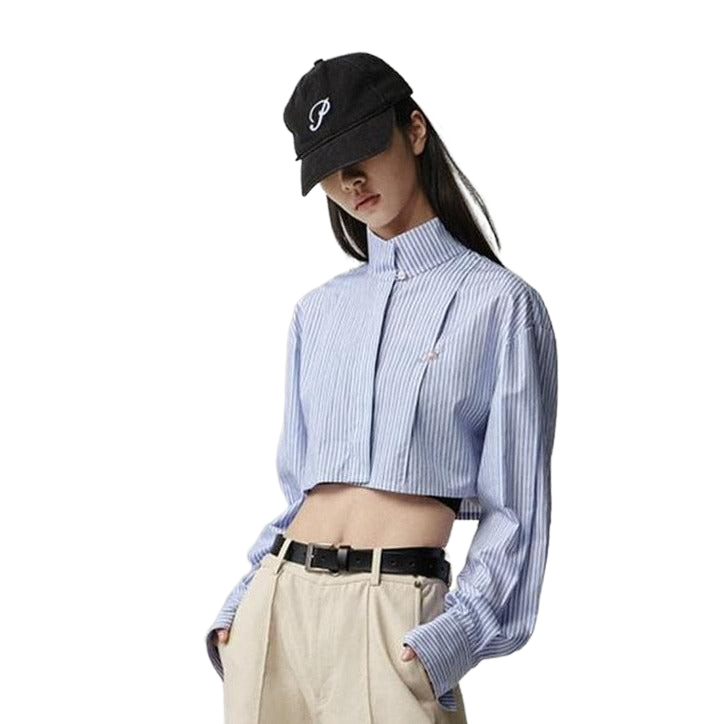 Stand Collar Long Sleeve Striped Short Shirt