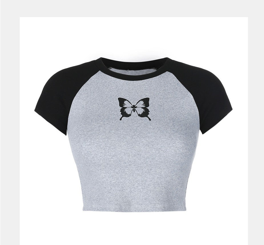 Black Butterfly Round Neck Crop Top