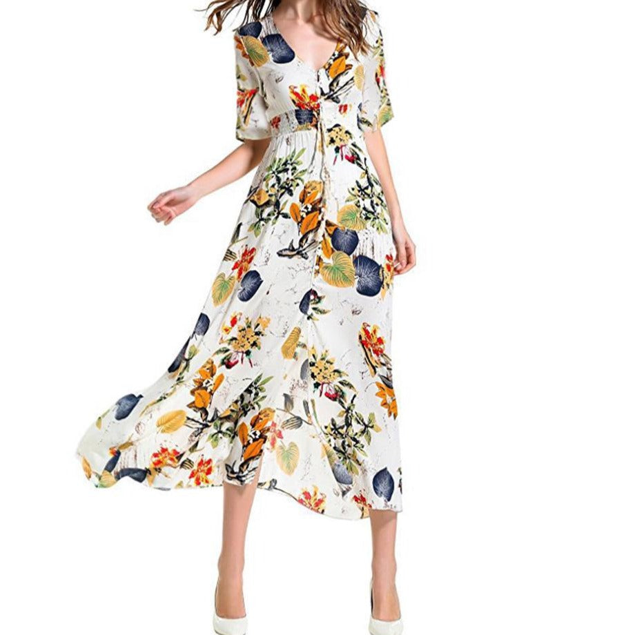 Bohemian Flower Print V-Neck Dress