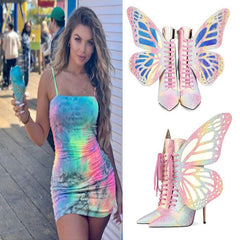 Butterfly Wings Pink Sequined PU Leather Stiletto Boots