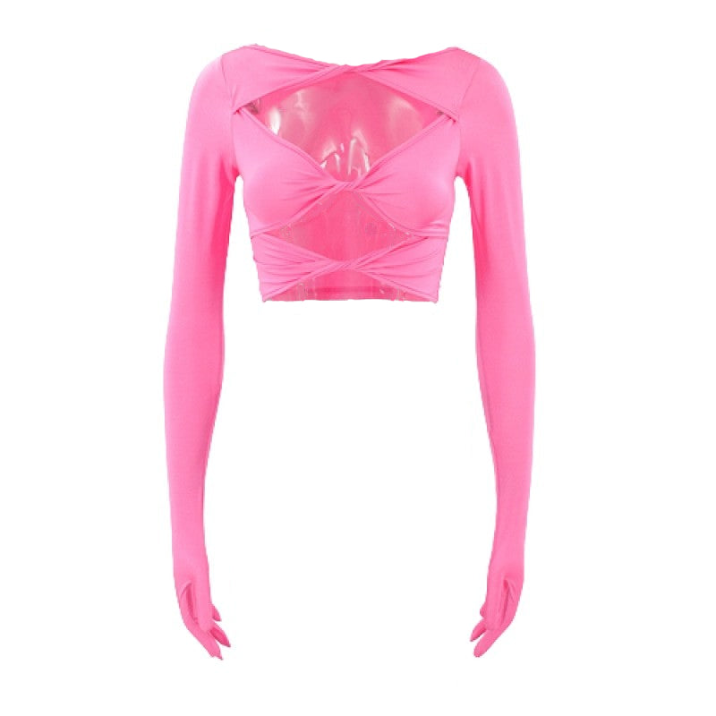 Glove Long Sleeve Hollow Out Crop Top