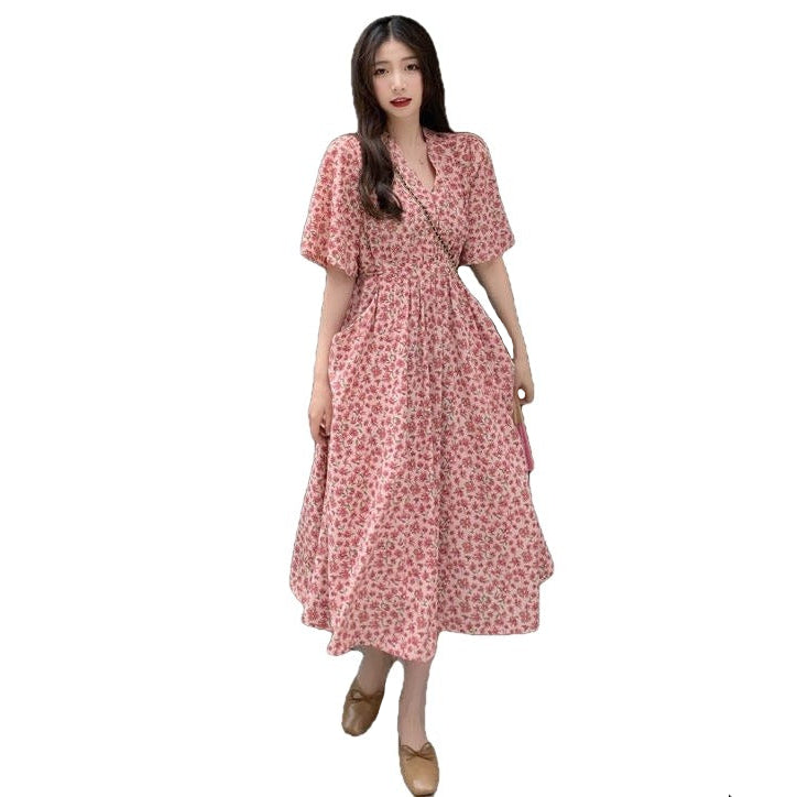 High Long Flare Sleeve Ankle Length Pink Print Dress