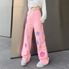 Y2K Aesthetic Embroidered High Waist Wide Leg Pants