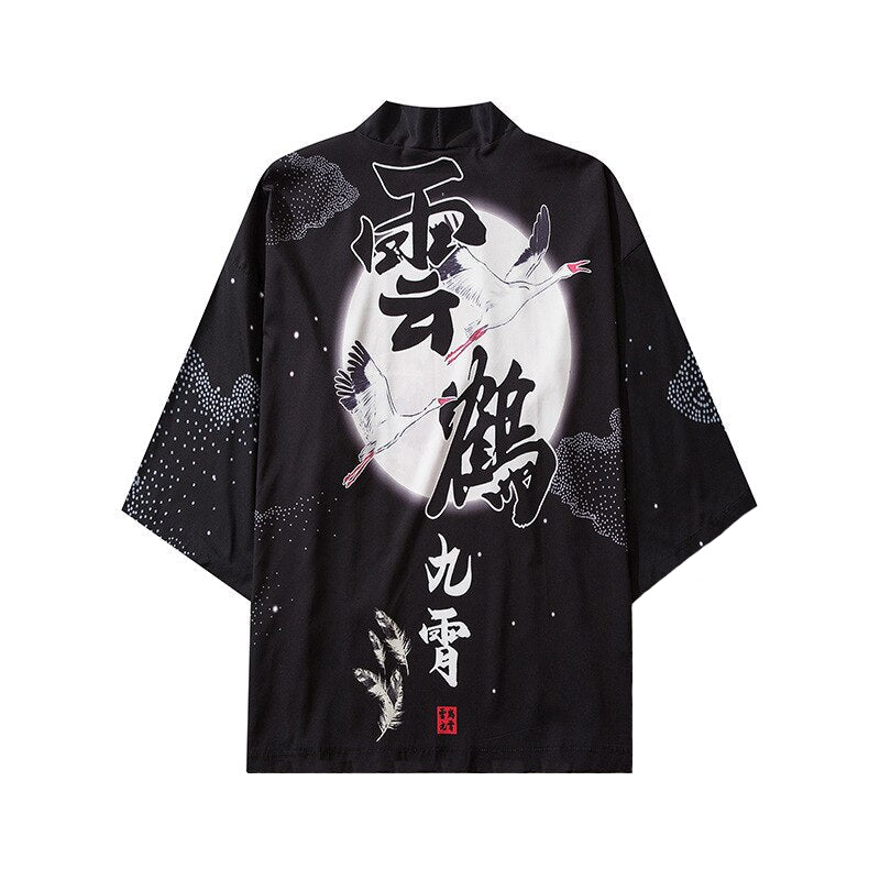 Kanji Japanese Cranes 3/4 Sleeve Kimono