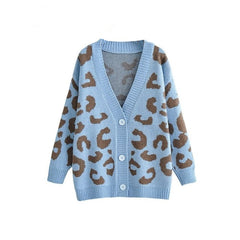 Knitted Leopard V Neck Loose Button Cardigan