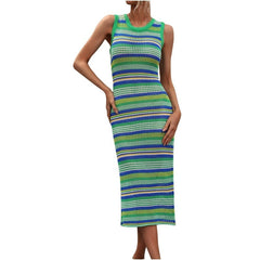 O-Neck Sleeveless Striped Hollow Out Long Acrylic Knit Dress