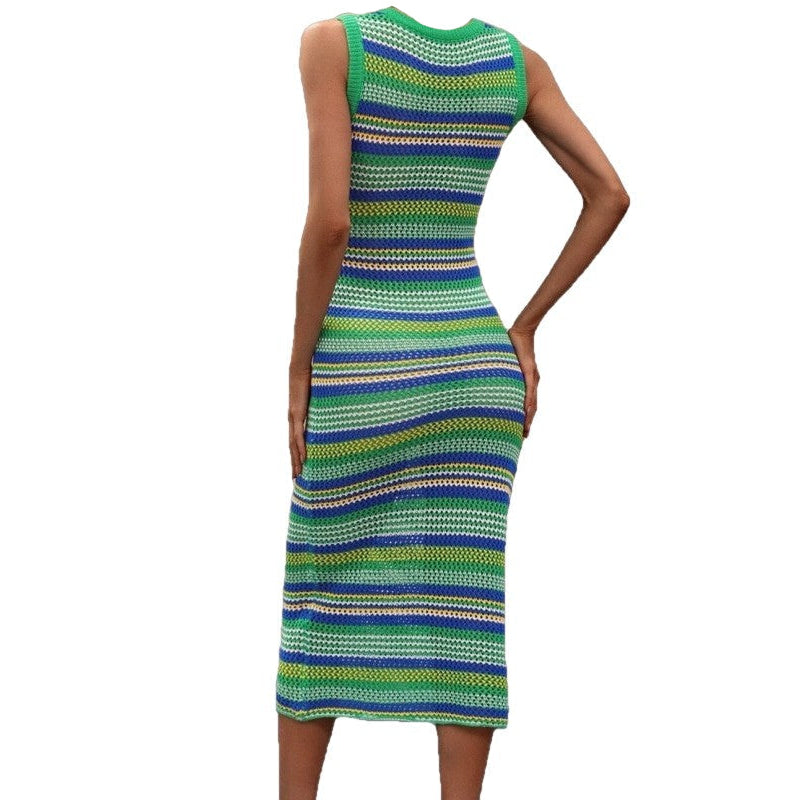 O-Neck Sleeveless Striped Hollow Out Long Acrylic Knit Dress