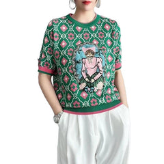 Embroidery Cat Round Neck T-Shirt