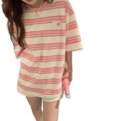 Heart And Striped Crew Neck Oversized T-shirt