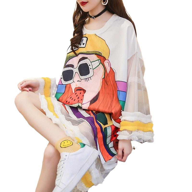 Oversized Flare Sleeves Cartoon T-Shirt Dress