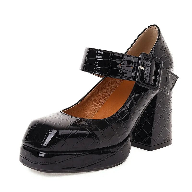 High Heel Square Platform Buckle Strap Pumps