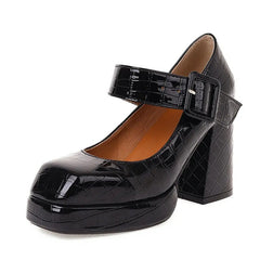 High Heel Square Platform Buckle Strap Pumps