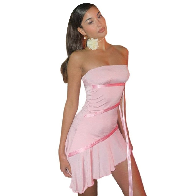 Strapless Ribbon Ruffle Backless Mini Dress