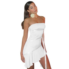 Strapless Ribbon Ruffle Backless Mini Dress