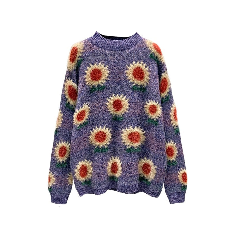 Sunflowers O-Neck Knitted Oversize Sweater