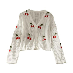 Sweet Cherry Embroidery Crochet V neck Top Cardigan