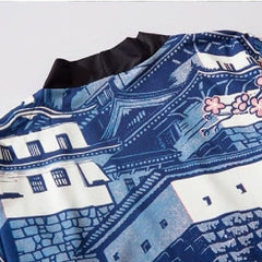 Traditional Japanese Houses Blue 3/4 Sleeve Kimono