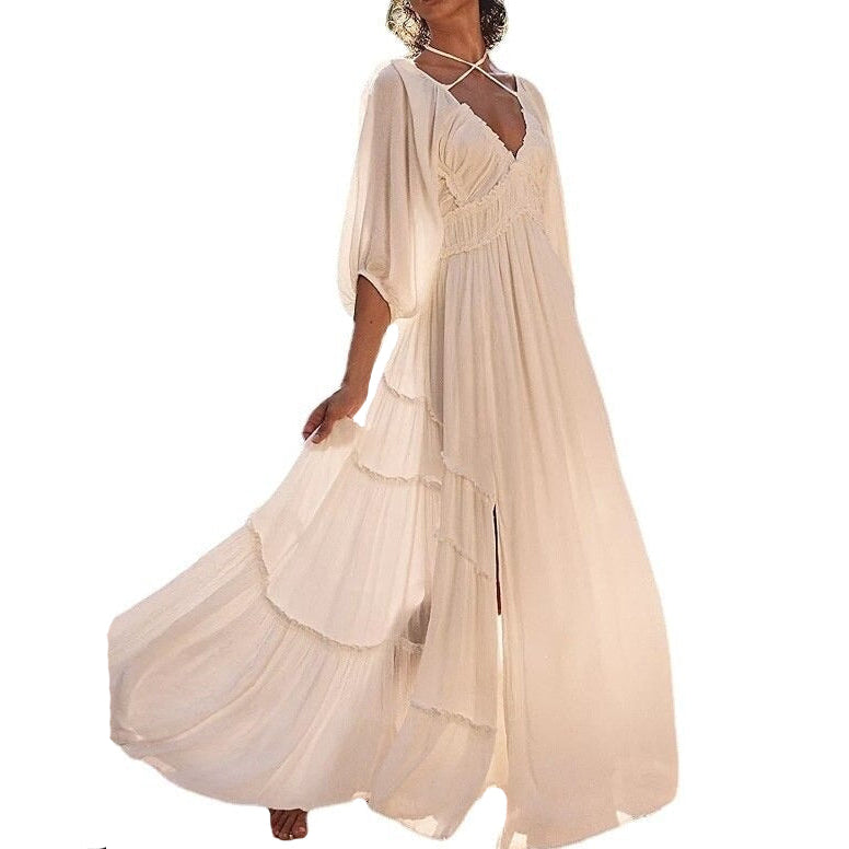 White Gown V-Neck Long Sleeve Dress