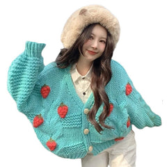 Y2K Aesthetic Long Sleeve Strawberry Oversized Cardigan