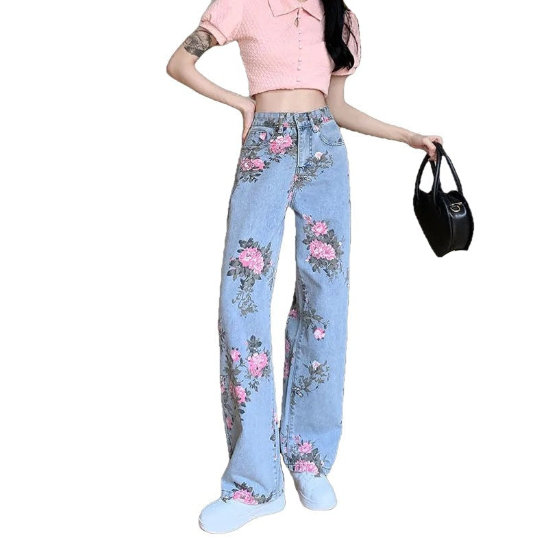 Y2K High Waist Floral Wide Leg Jeans